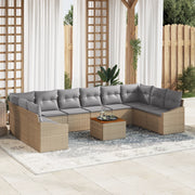 Set Divano da Giardino da 11 Pezzi con Cuscini Beige Polirattan Acacia