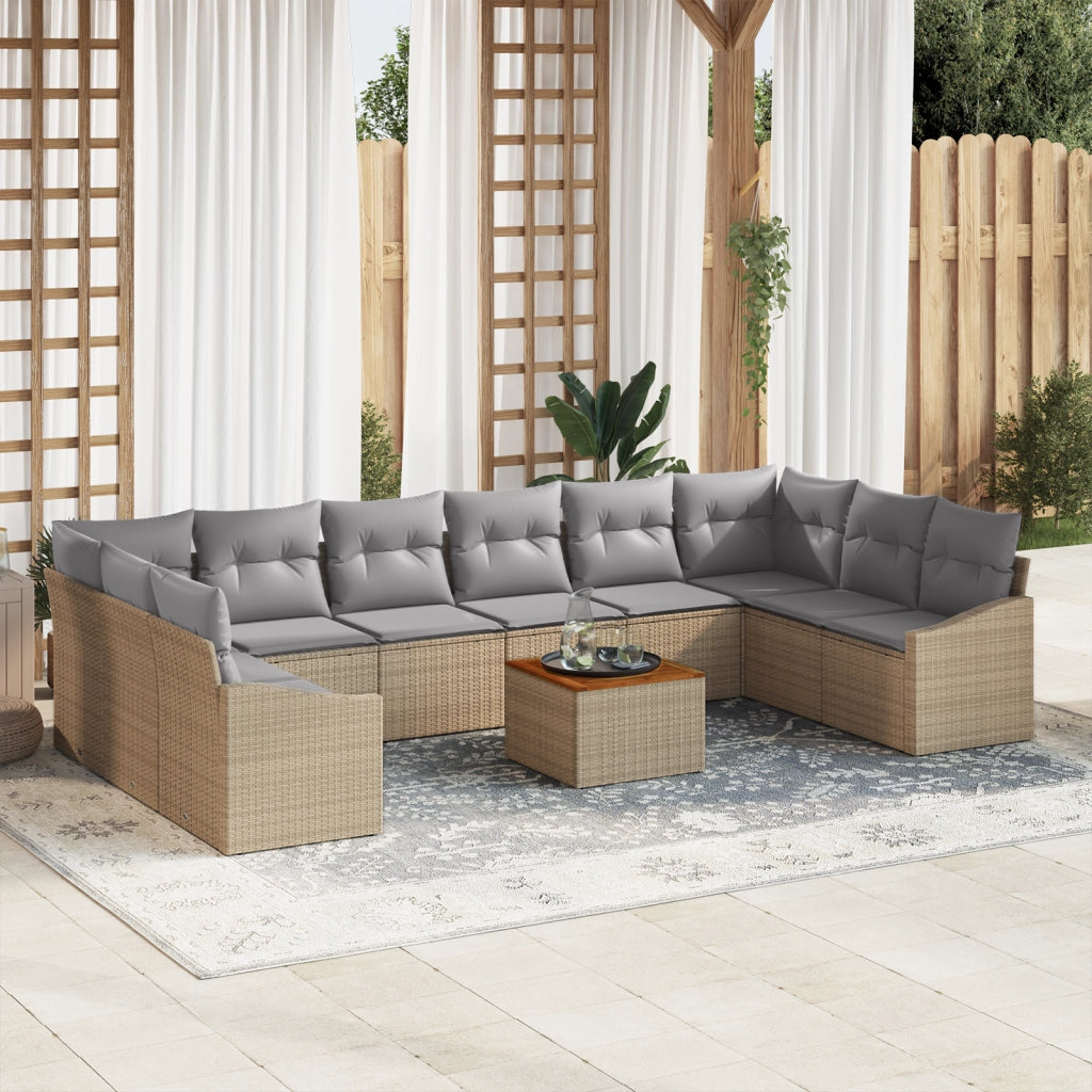 Set Divano da Giardino da 11 Pezzi con Cuscini Beige Polirattan Acacia
