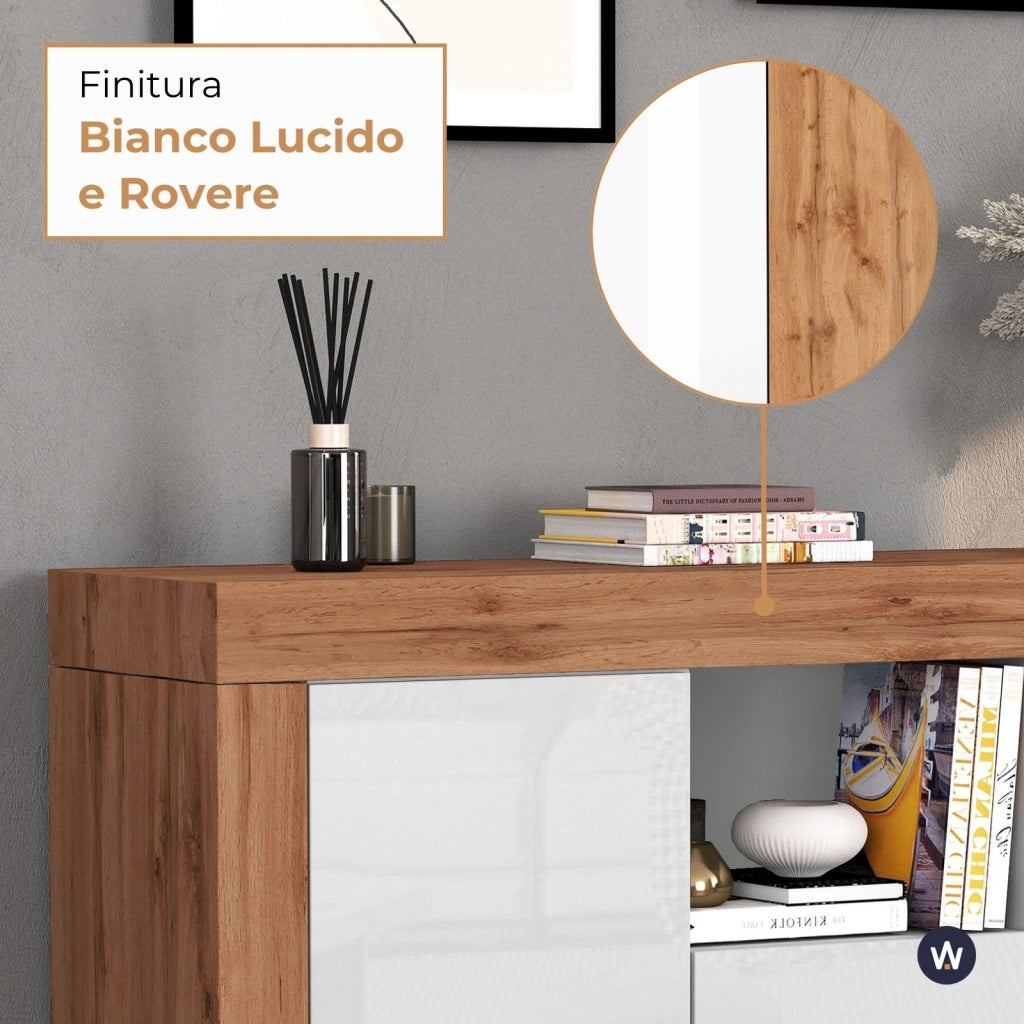 WHOUS Credenza Chronos 3 ante e 1 vano bianco lucido e rovere 155x40x85 cm