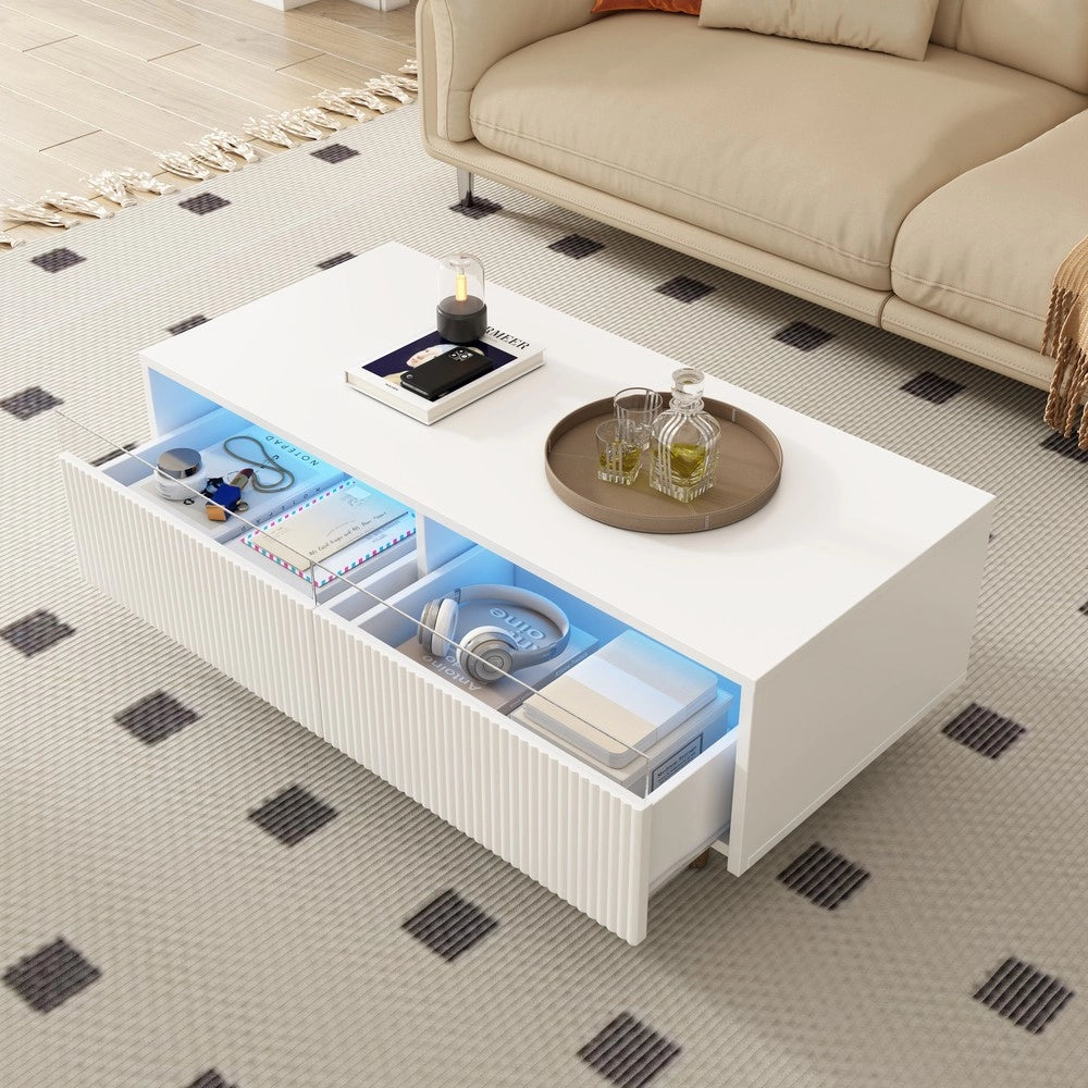 Tavolino da Caff¨¨ con LED e Cassetti ¨C MINIMAL ¨C Bianco e Oro, Piano Ondulato