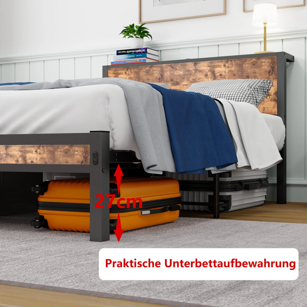 Letto Singolo 120x200 cm; Contenitore - Letto con Testiera - in MDF e Metallo; Marrone Antico