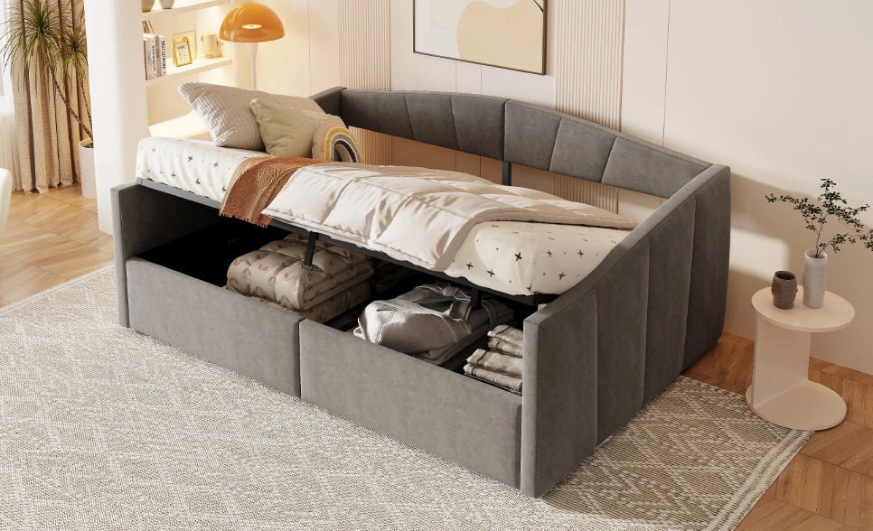 Divano letto 140x200 cm con contenitore; rete a doghe in velluto grigio