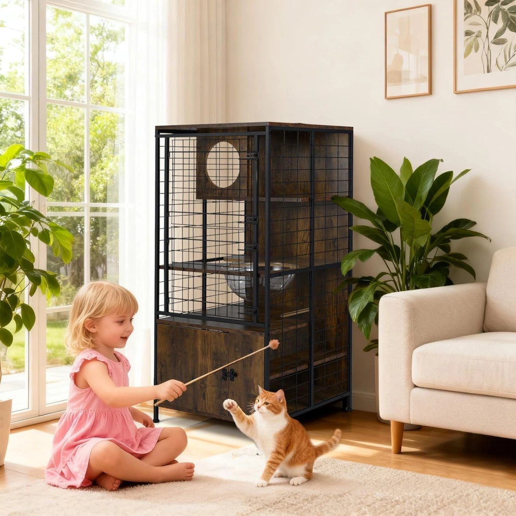 Armadio in Legno per Gatti, Gabbia a più Livelli con Struttura Metallica e Ciotola per Gatti, Armadietto con Porta a Rete Bloccabile, Casetta per gattini da Interno, 60 x 60 x 125 cm