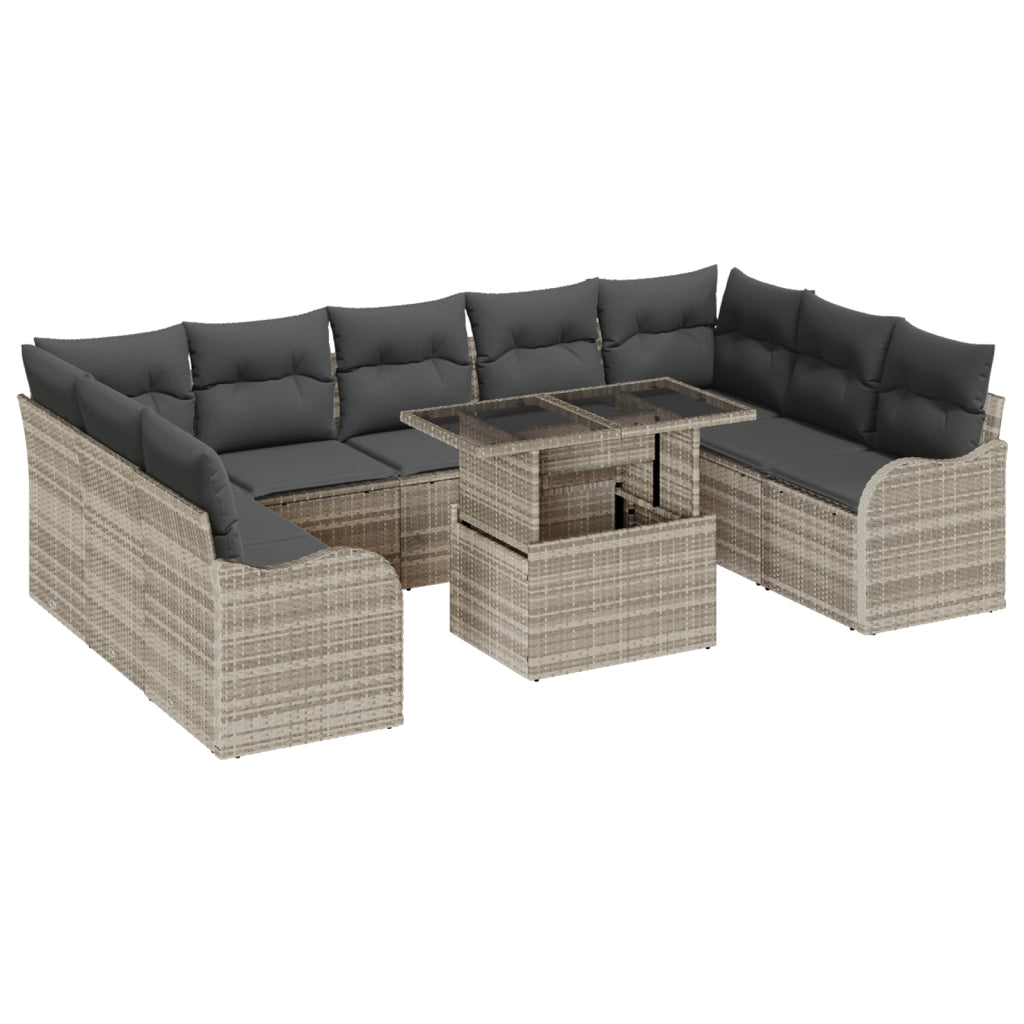 Set divano giardino  a 10 pezzi con cuscini grigio chiaro in polyrattan