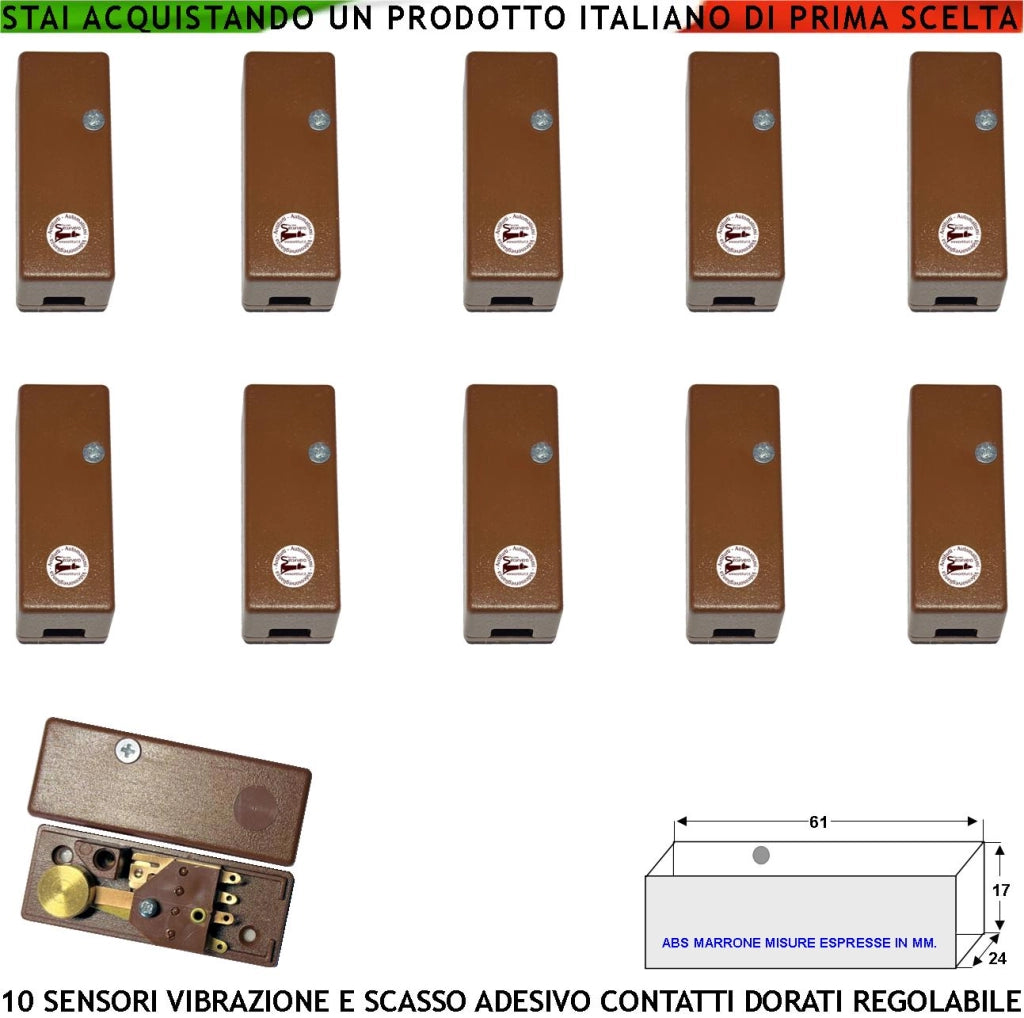 Sensori di Scasso Rilevano le Vibrazioni Continue Dieci Pezzi Per Antifurto Via Filo Di Inferriate Porte Vetrate Con Martelletto Regolabile Allarme NC Tamper Contenitore Adesivo ABS Marrone IP30