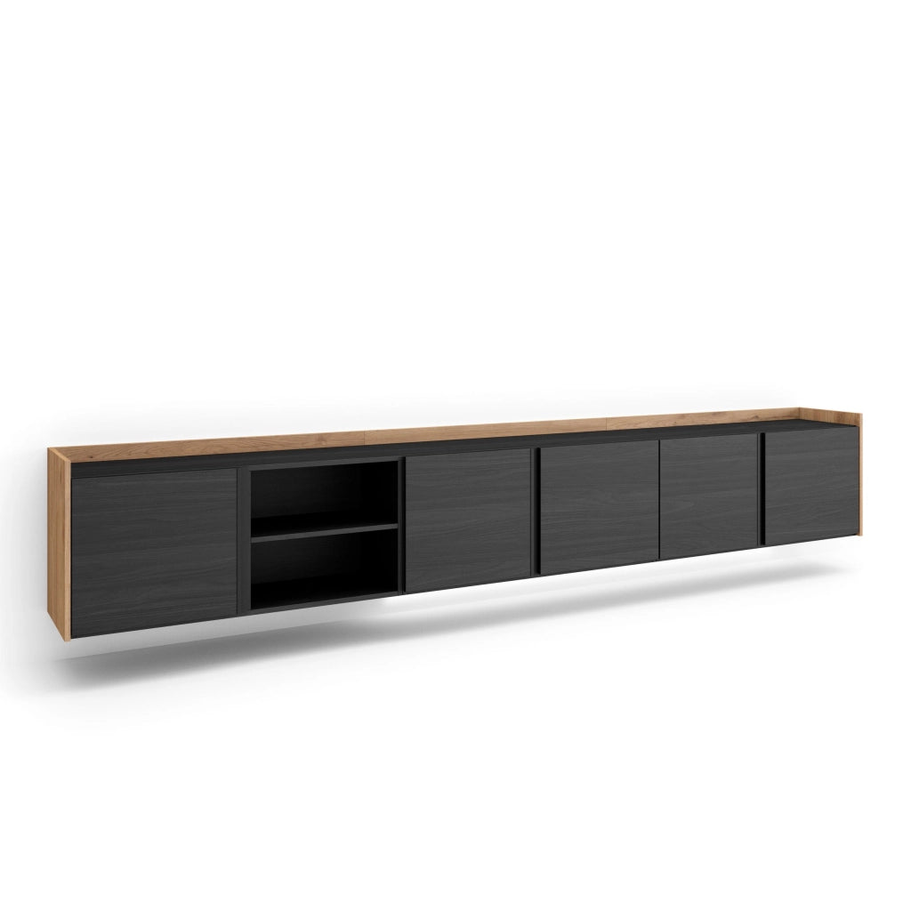 Mobile TV Soggiorno, 309x50x35 cm, Per TV fino a 80", Sospeso, da appendere, LED, Nero e rovere