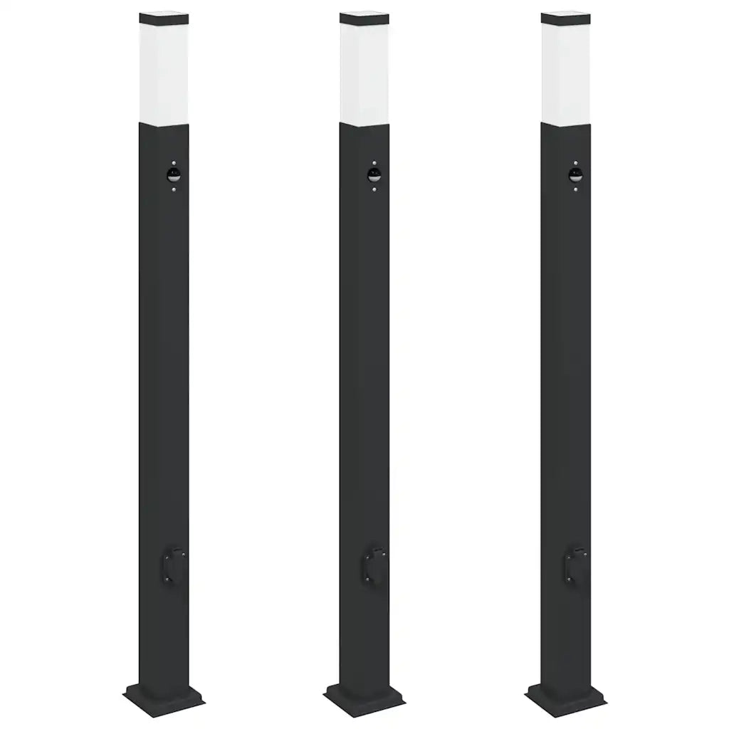 Lampioni a paletto con sensore e presa 3 pz 110 cm neri IP44 4006094