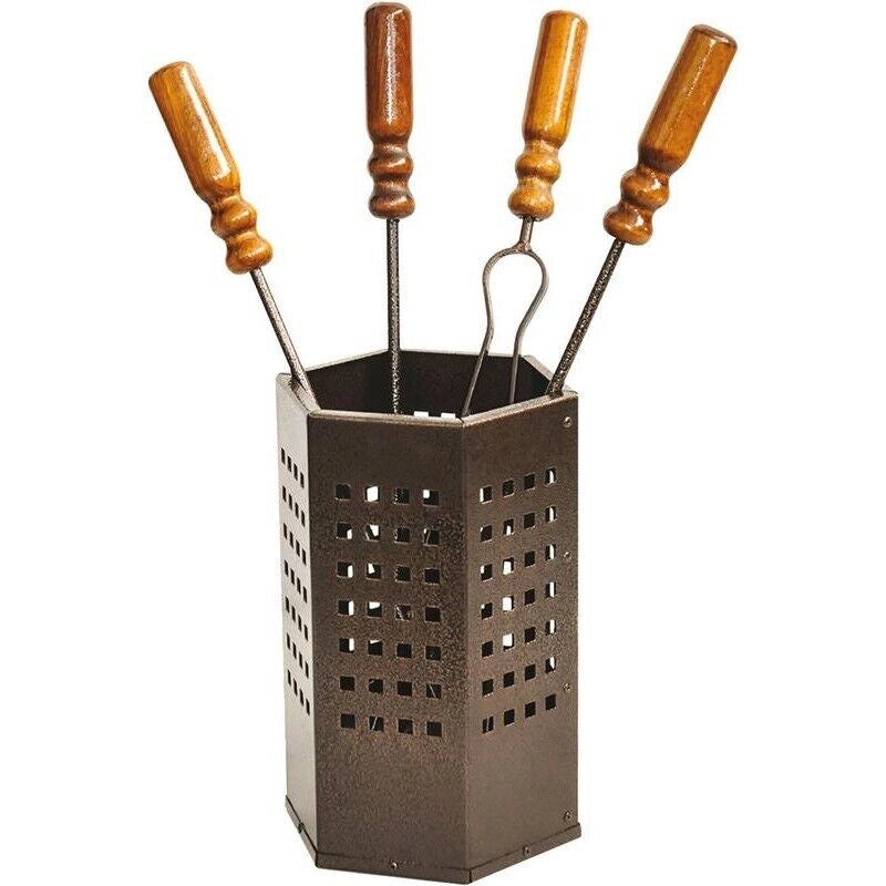 CUBO ATTREZZATURE CAMINO SET 4 UTENSILI CON MANICI IN LEGNO + CONTENITORE