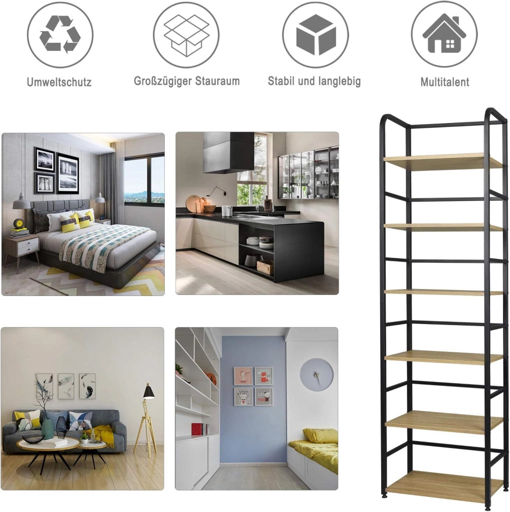 Scaffale Libreria a 6 Livelli, Libreria Verticale Struttura in Metallo, per Soggiorno/Camera da Letto/Studio, 50x30x176cm, Nero + Rovere Chiaro, RGB11hei