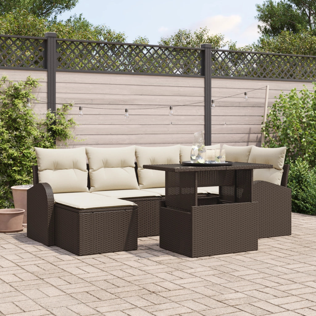 Set Divano da Giardino da 7 Pezzi con Cuscini Marroni in Rattan Poly