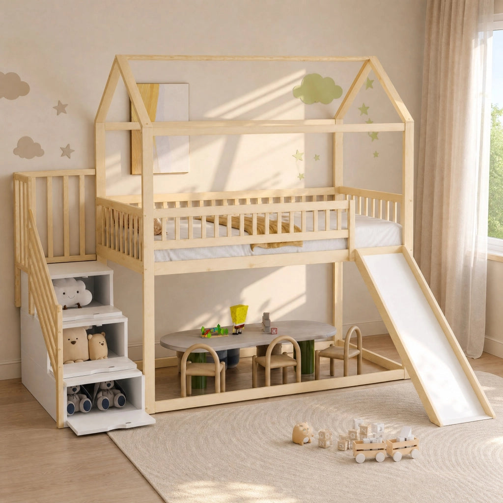 Letto a soppalco per bambini con scivolo e scala contenitore 90 x 200 cm; legno naturale