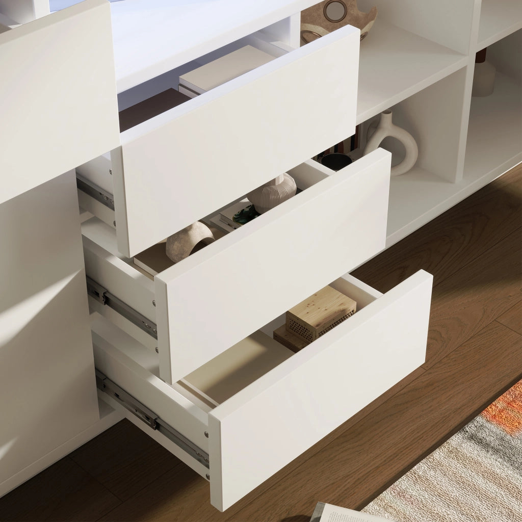 Credenza bianca 160 cm con LED, 4 cassetti e 2 ante