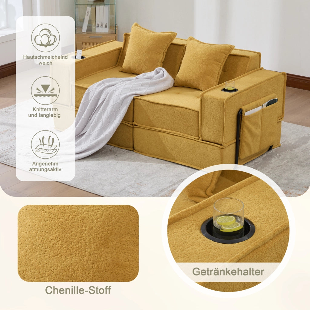 POUF Modulare 162x78x66 cm in Chenille Giallo Senape con 2 Cuscini