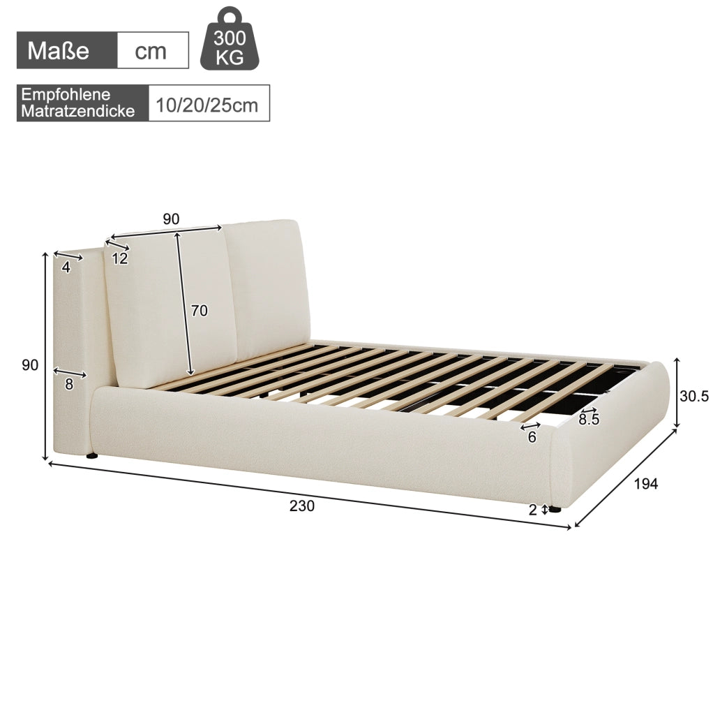 Letto imbottito con vano contenitore e testiera in bouclé beige