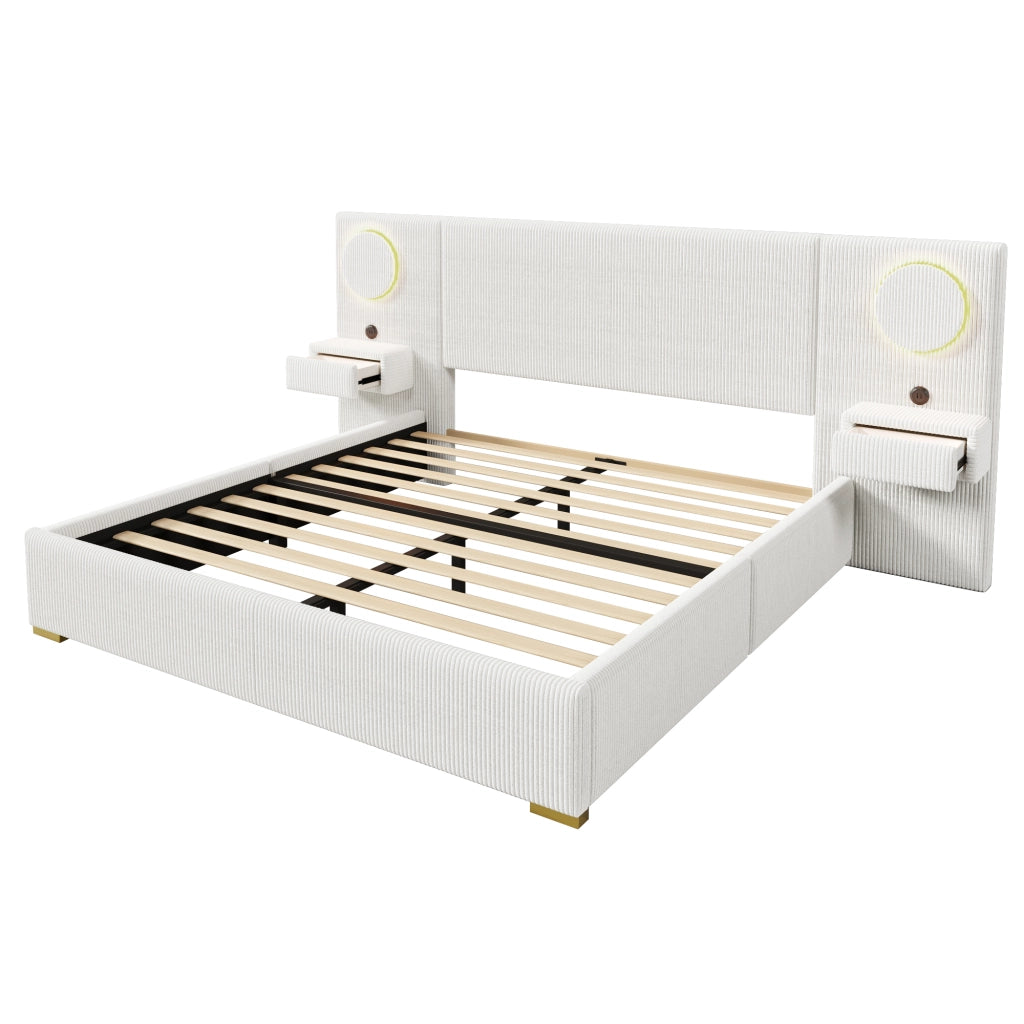 Letto Matrimoniale 180x200 cm con LED; USB e cassetti ai lati; in Velluto Beige