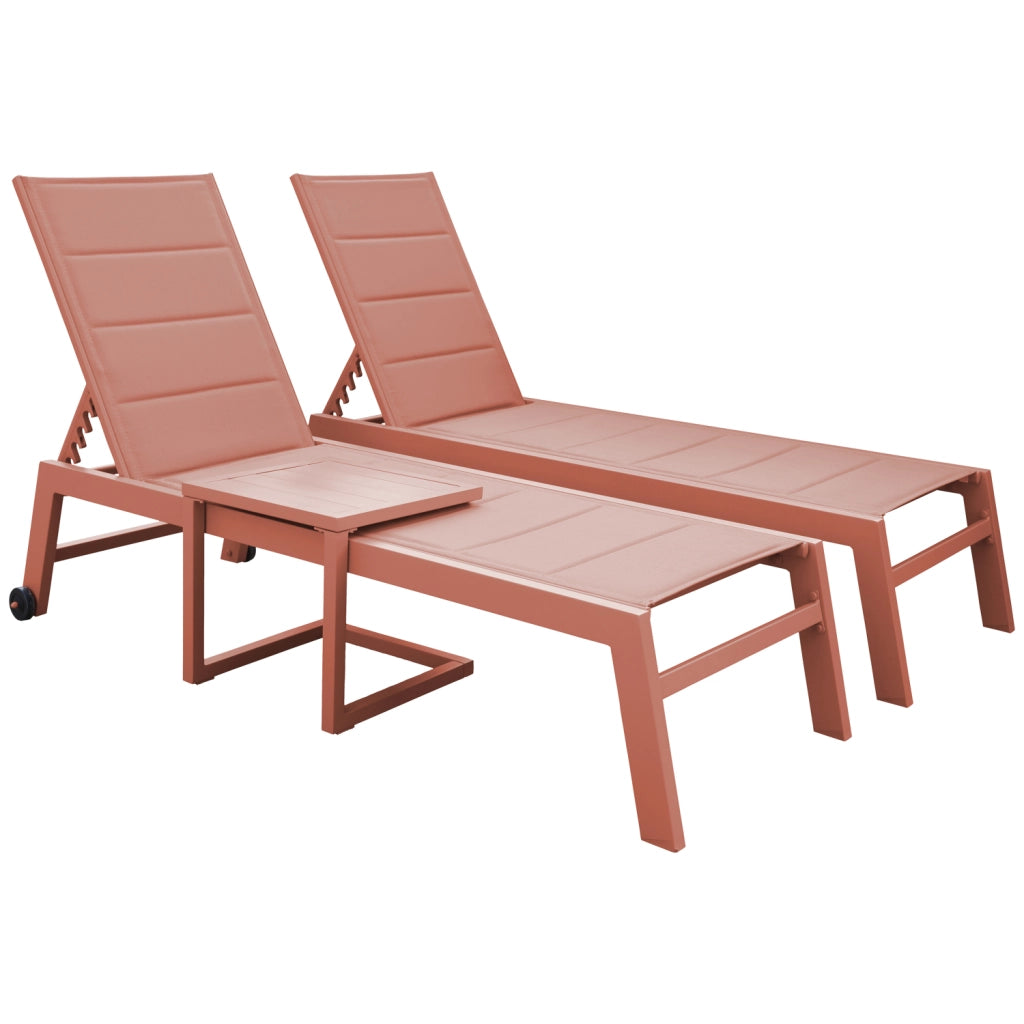 Set di 2 lettini BARBADOS eTavolino in textilene terracotta - alluminio terracotta