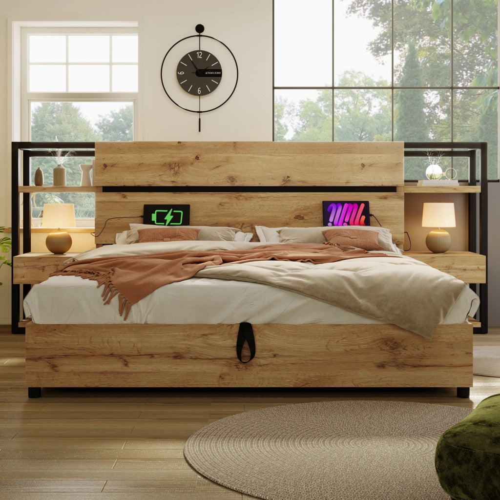 OKWISH Letto contenitore 180×200 cm, Letto Matrimoniale con Vano Contenitore, 2 Cassetti, USB, Tipo C e Testiera con VanI, senza Materasso, Rovere