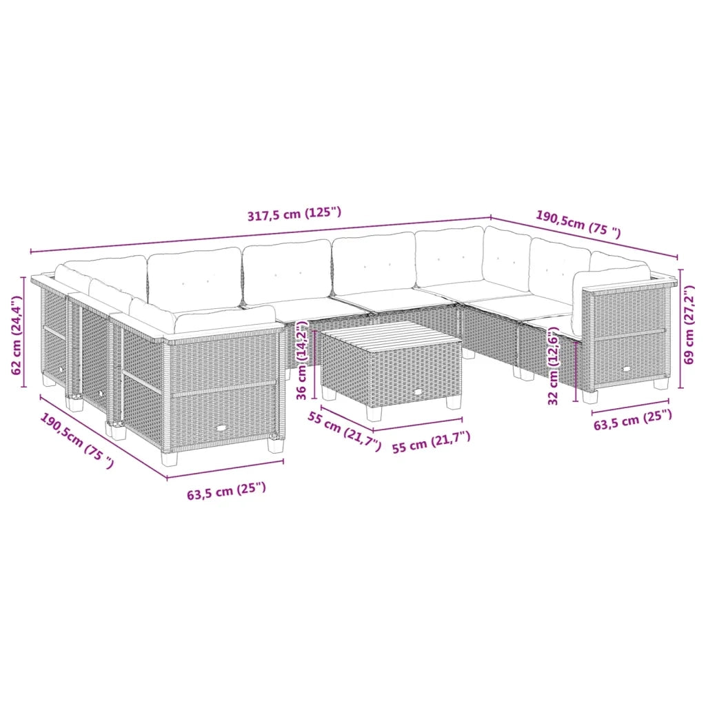vidaXL Set Divani da Giardino 10pz con Cuscini in Polyrattan Nero