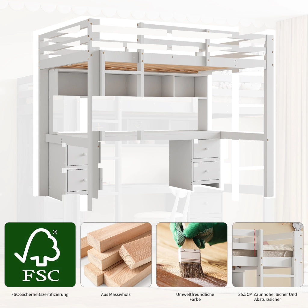 Letto a castello bianco in pino con funzione scrivania e spazio contenitivo 90x200 cm