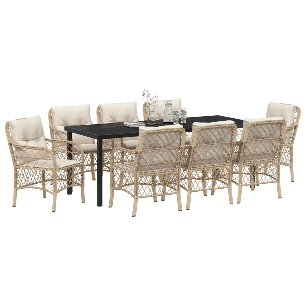 Set da Pranzo da Giardino 9 Pezzi con Cuscini Beige Rattan Polimerico