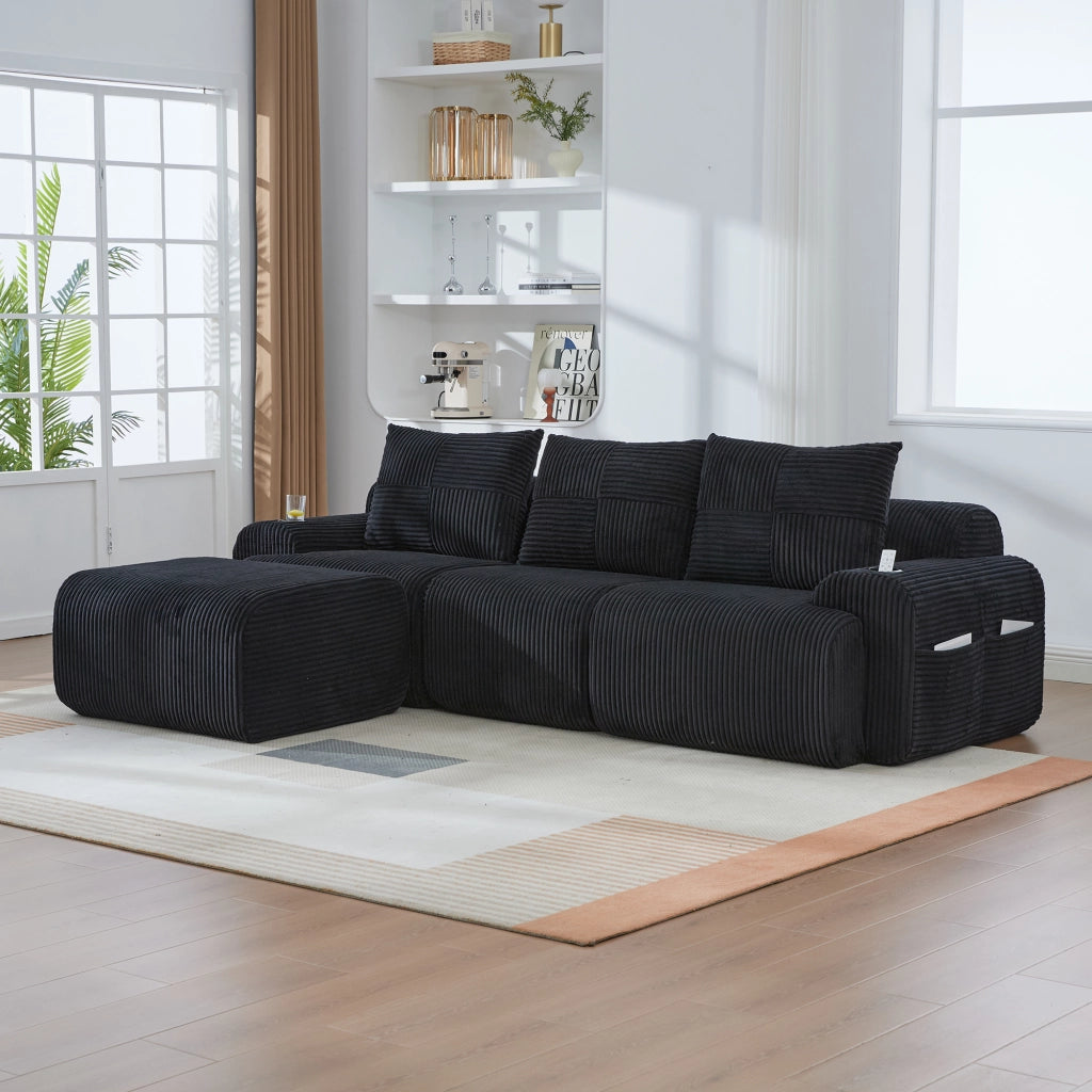 DIVANO MODULARE 3 POSTI 268x174x80 cm Corda Nero con portabicchiere e tasca laterale