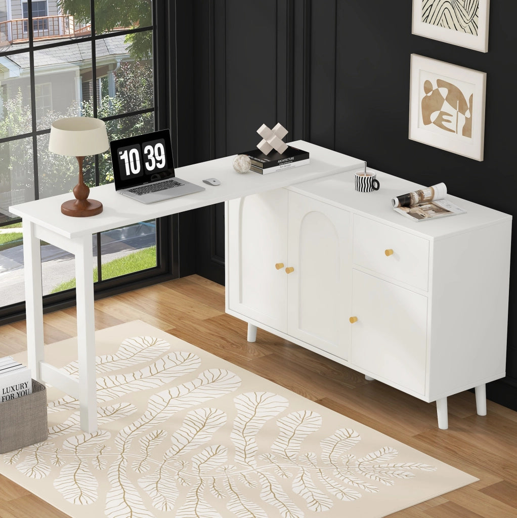 Scrivania 2 in 1 120x40x74.5 cm girevole con 3 ante e 1 cassetto in pannello truciolare bianco