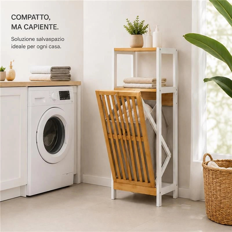 MOBILE DA BAGNO IN LEGNO CON ANTA E RIPIANO IN BAMBOO E PORTABIANCHERIA IN TESSUTO - COLORE BIANCO DIMENSIONI 36X33X98 CM