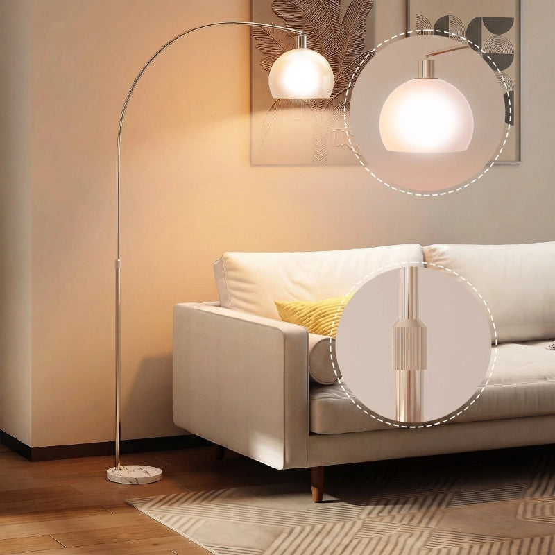 Lampada da terra moderna con testa curva, interruttore a pedale, base in marmo, bianca