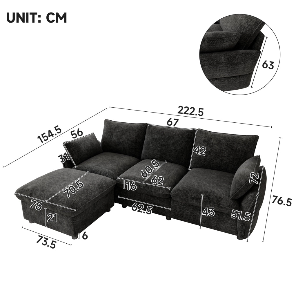 Divano angolare a L con pouf in ciniglia; 222;5 x 154;5 x 76;5 cm; grigio scuro