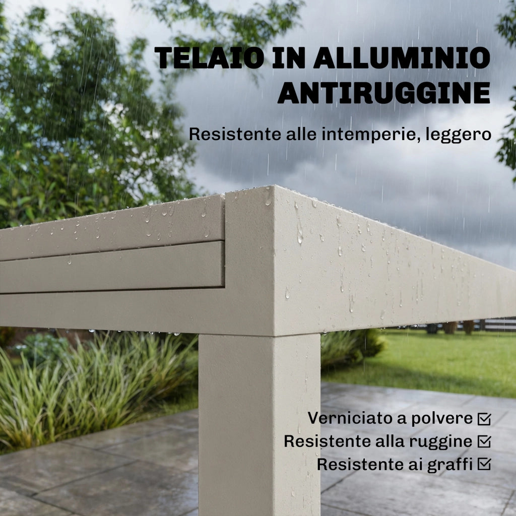Tavolo Estensibile da Giardino 180x90x75 cm Piano in Vetro Temperato in Alluminio Bianco Crema
