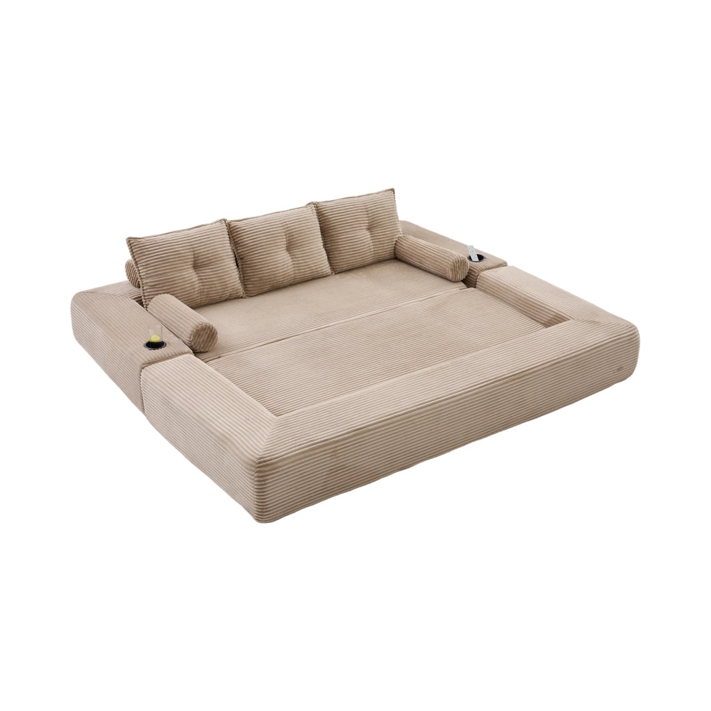 Divano letto modulare 3 posti con tasche laterali e portabicchieri in corda khaki 232×98×80cm