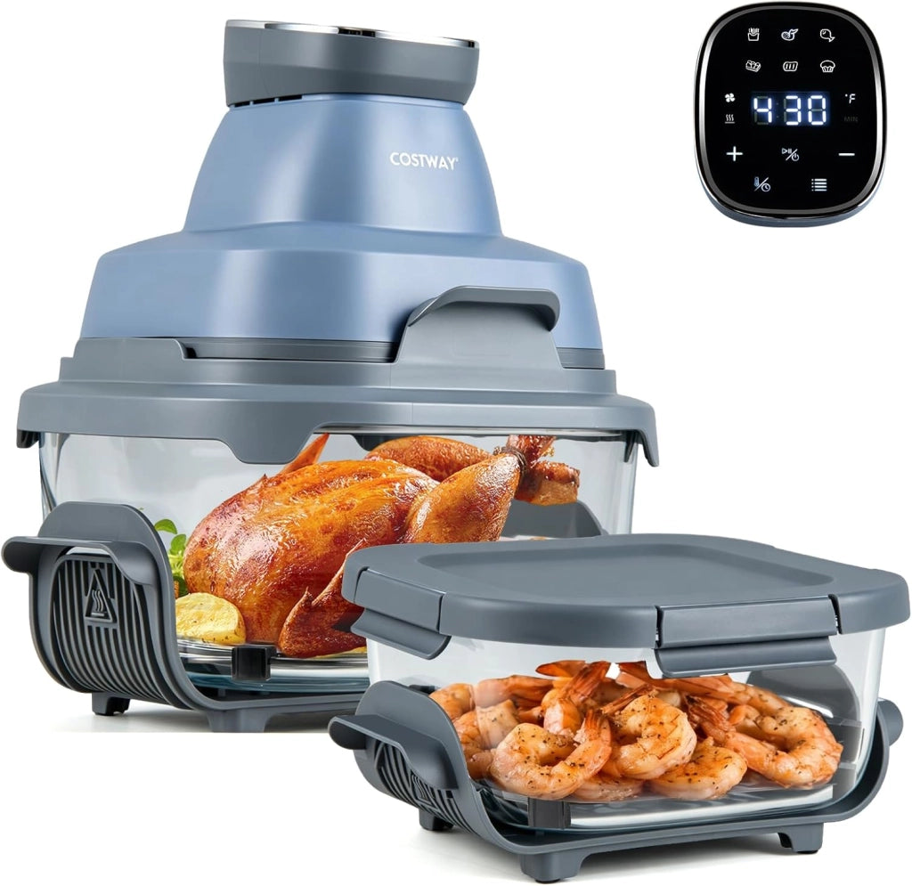 4 L Friggitrice ad Aria Portatile 1500 W, Friggitrice Elettrica con 2 Griglie, 2 Contenitori Vetro con Coperchio, Forno ad Aria Calda con Display Touch, Temperatura Regolabile (Nero)