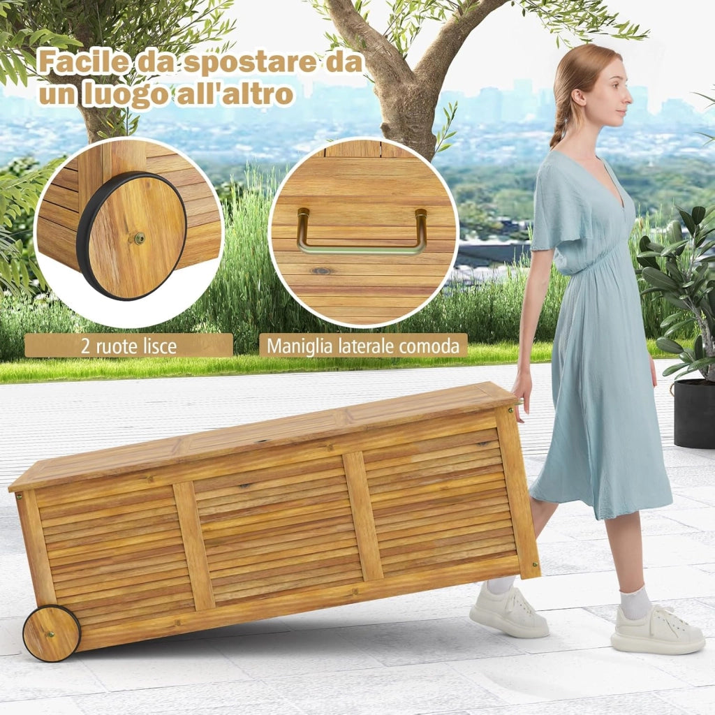 Baule da Esterno con Ruote 182 L, Contenitore da Giardino con Maniglia Laterale, Panca Contenitore in Legno, per Interni e Esterni, 127 x 50 x 45 cm (Modello 7)
