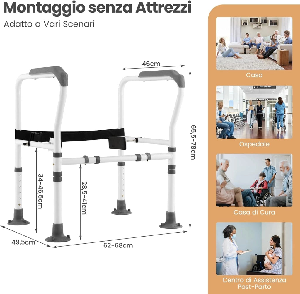 Supporto di Sicurezza Telaio Autonomo per WC, Supporto per WC Regolabile in Altezza e Larghezza con Cinghia di Fissaggio, Con Ventose Antiscivolo (Grigio)