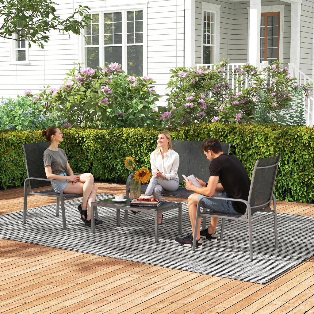 Set da Giardino 4 Pezzi con Divano 2 Sedie e Tavolino Basso con Piano in Vetro Rivestimento in Textilene Nero