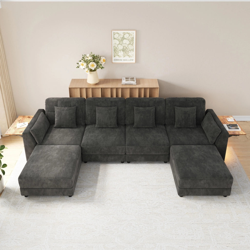 Sofa modulare U/L con LED; 2 pouf mobili e 6 cuscini; rivestimento in ciniglia grigio