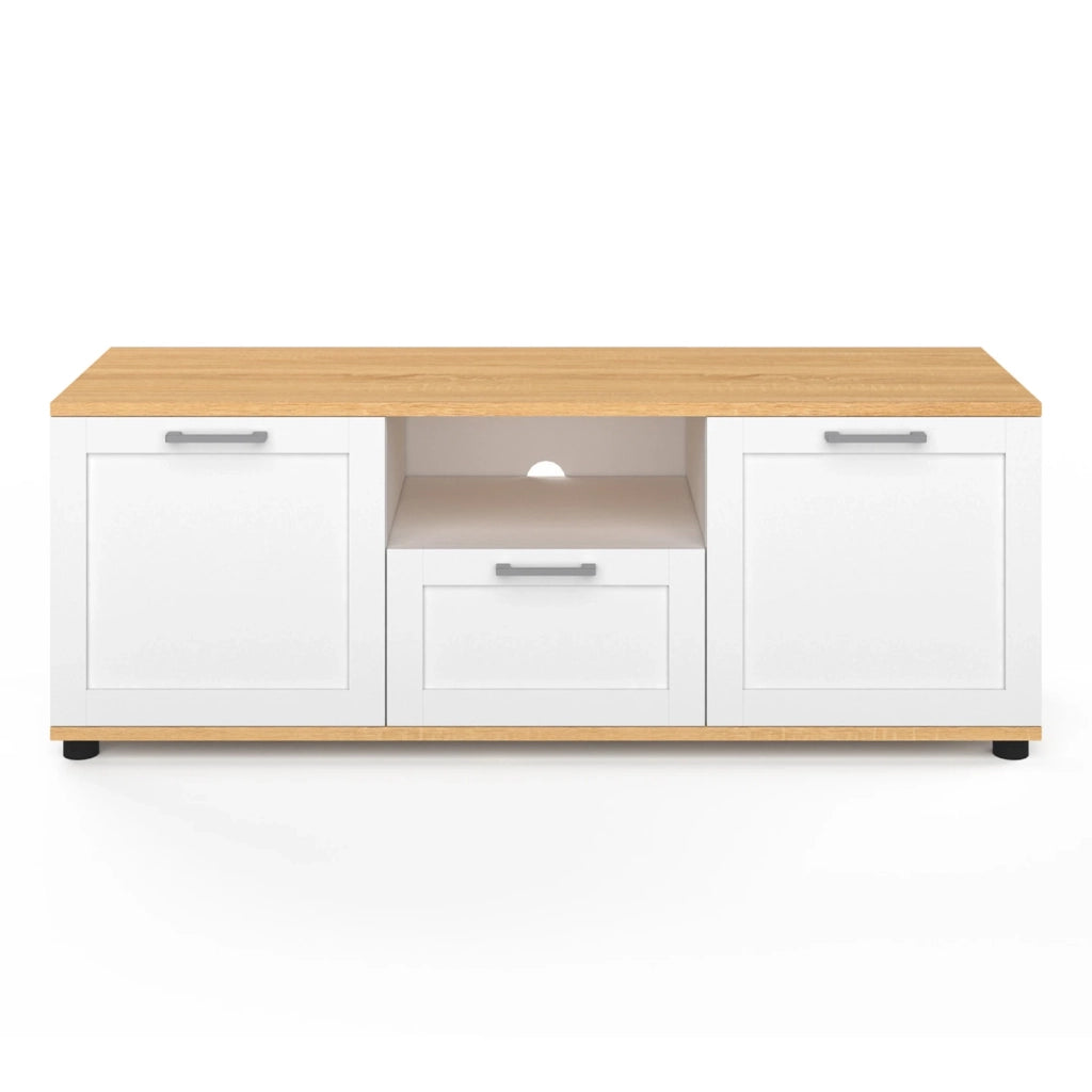 IDMarket - Mueble TV VITO con cajón y hornacina blancos y encimera de madera de 110 cm