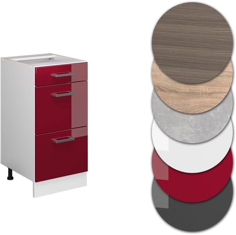 Mobiletto base per cucina R-Line, Rosso lucido, 40 cm con cassetti, senza piano di lavoro, per la libera combinazione all'interno di sistemi cucina modulari