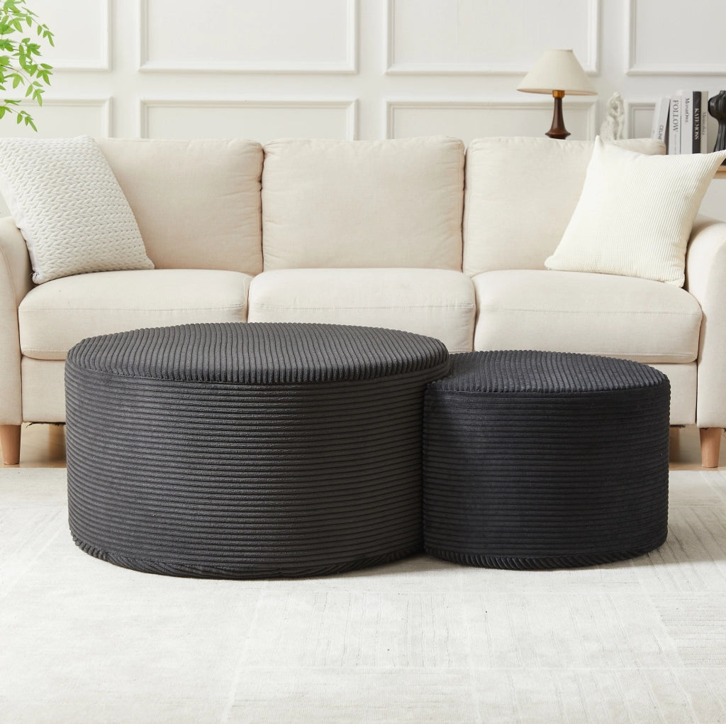 Set di 2 tavolini pouf rotondi in tessuto nero
