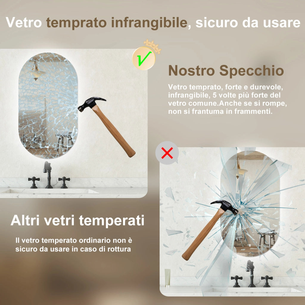 Specchio bagno ovale 45x75 cm con led. Dimmerabile + Touch Control + Bordo non sabbiato + IP44