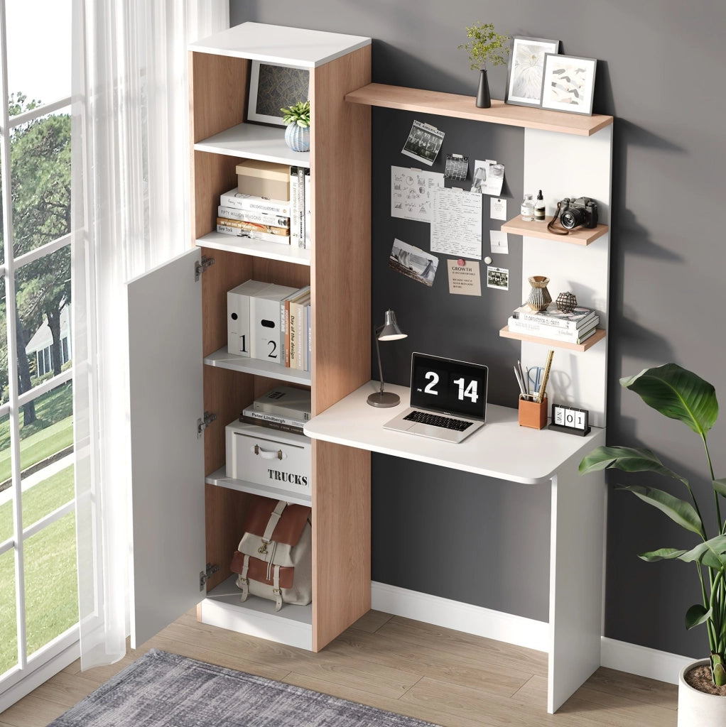 Scrivania 123.5x45x168.5 cm con armadio e 2 ripiani aperti; in MDF bianco e naturale