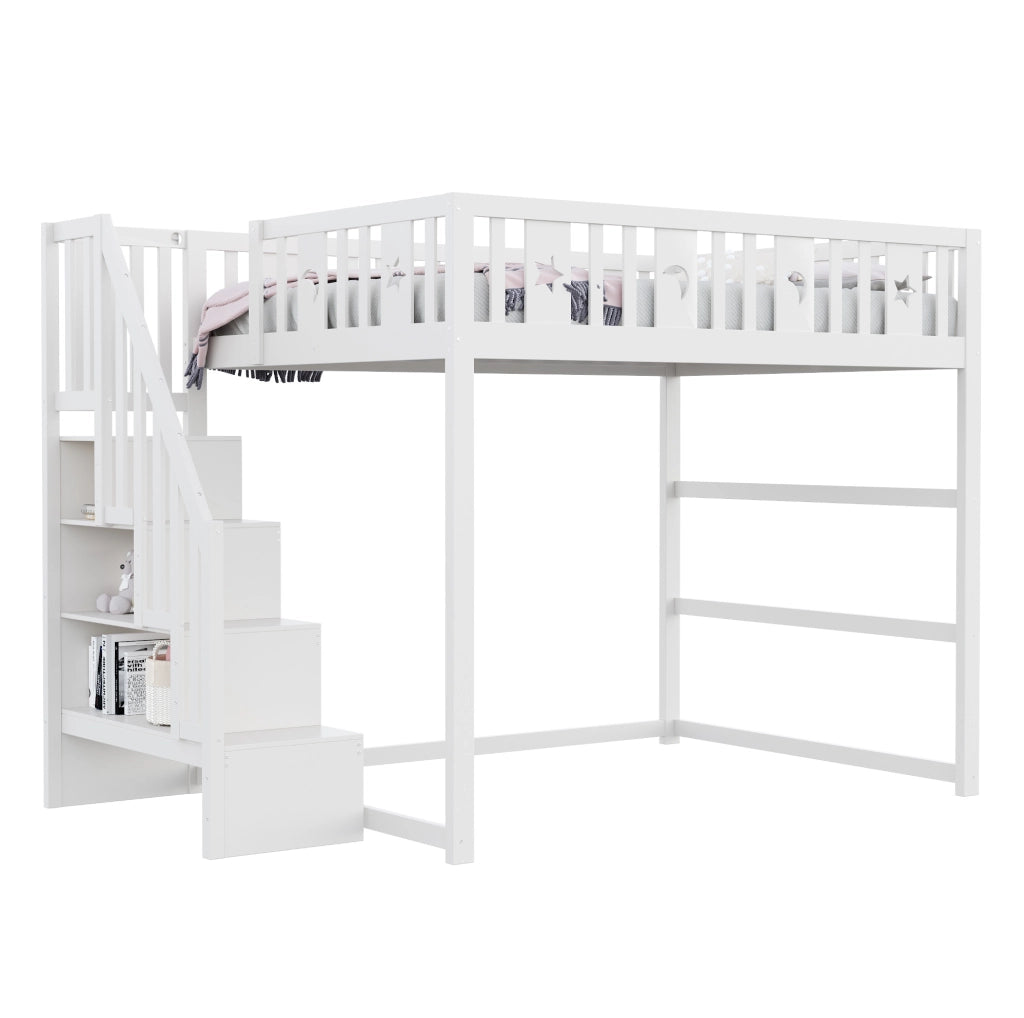 Letto a soppalco bianco 140x200 cm in legno massello con scala, ripiani e divanetto