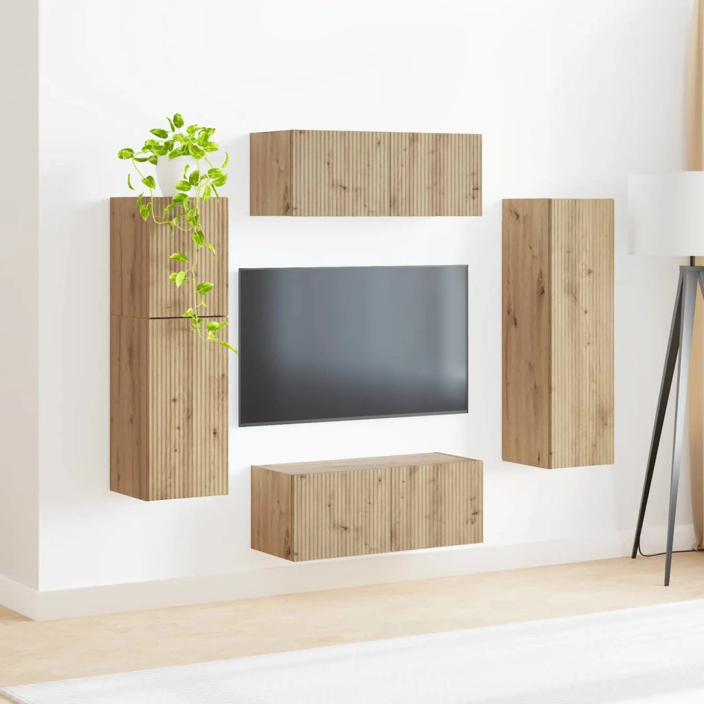 Set mobile TV 4 pz | Armadietto TV | Mobile Porta TV Rovere artigianale Legno multistrato