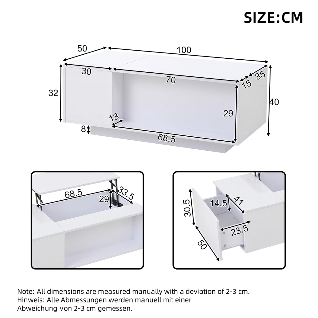 Tavolino da caff¨¨ 100x50x40 cm con piano sollevabile, vano nascosto, cassetto laterale e luce LED Bluetooth, bianco