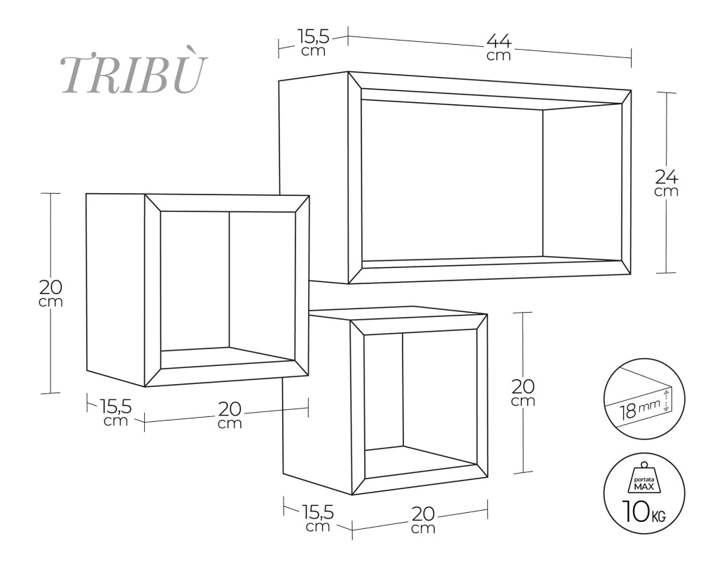Set 3 Mensole Cubo da Parete Quadrato e Rettangolare in Fibra di Legno Tribù Nero