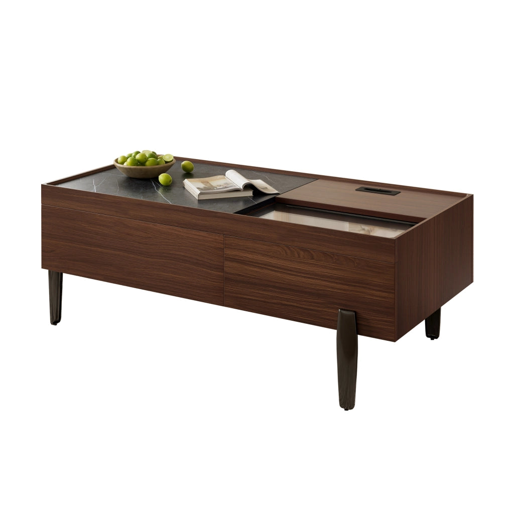 Tavolino da salotto moderno - Zephmum - Con cassetti e piano in vetro, design in legno scuro, gambe in metallo
