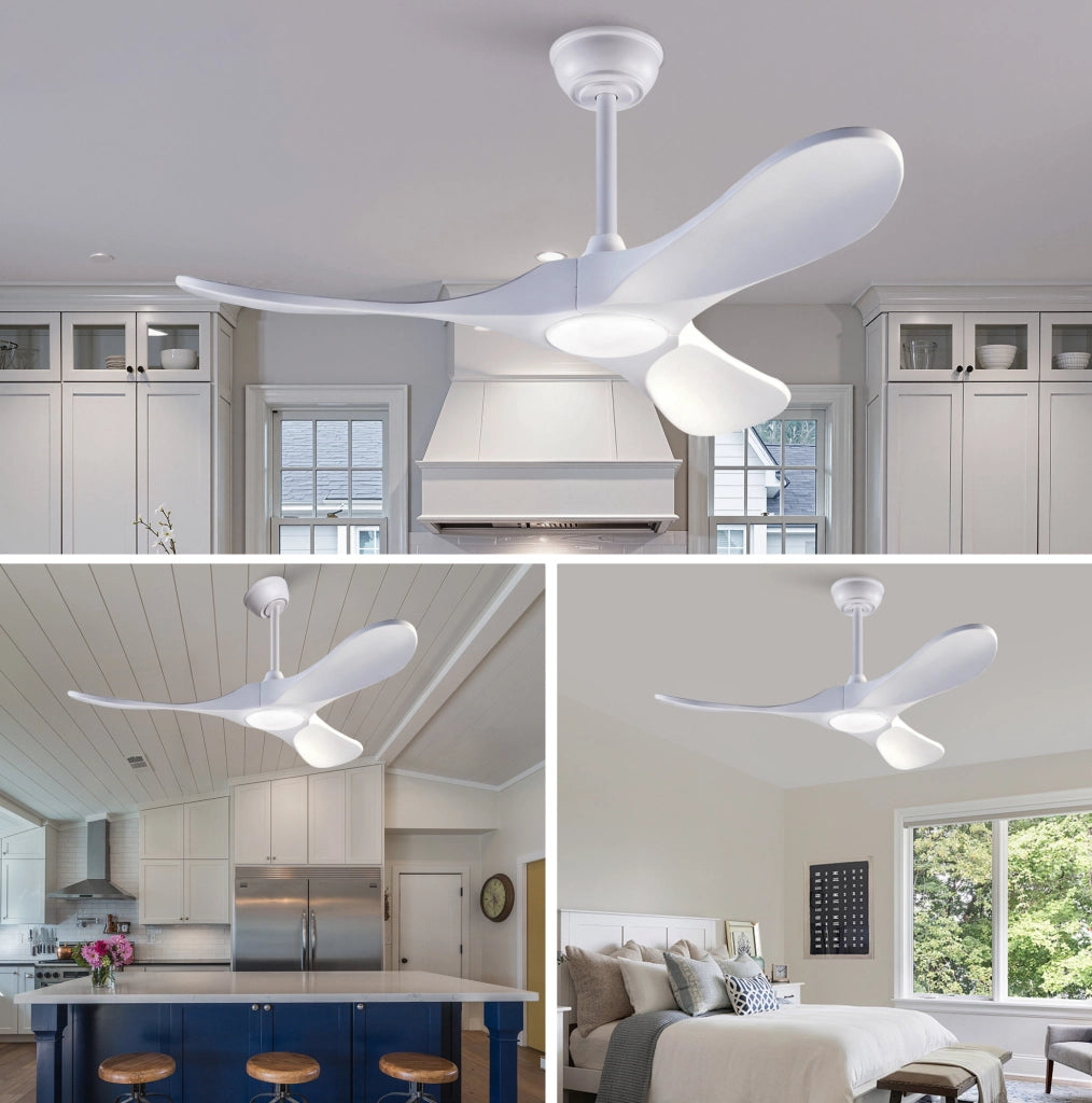Ventilatore da soffitto 52'' con luce LED e telecomando, 3 pale in legno massello bianco