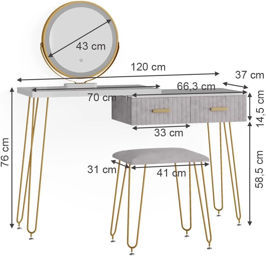 Tavolo da toeletta Zoey, Grigio, 120 cm con illuminazione LED e sgabello, con illuminazione LED e sgabello imbottito