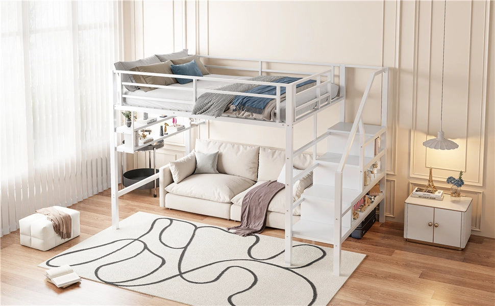 DESMIU Letto a soppalco per bambini 1 posto con scaffali, scala contenitore e sponde 140 × 200 cm, senza materasso