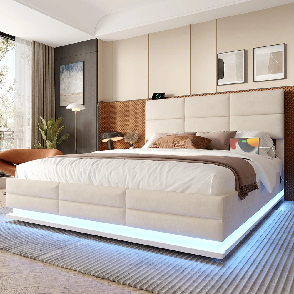 Letto 180x200cm imbottito - Xylo - velluto beige USB idraulico LED